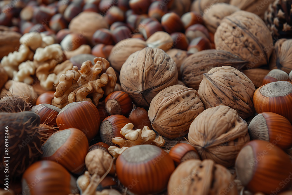 Assorted variety of nuts arranged in a captivating display, showcasing textures, shapes, and flavors Assorted variety of nuts arranged in a captivating display, showcasing textures, shapes, and flavors