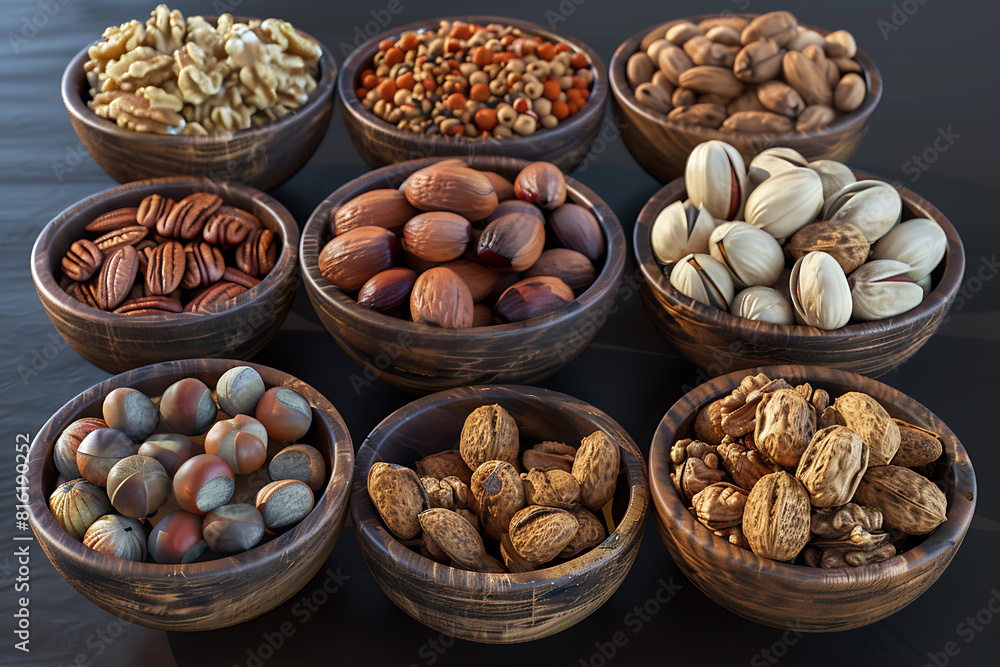 Assorted variety of nuts arranged in a captivating display, showcasing textures, shapes, and flavors Assorted variety of nuts arranged in a captivating display, showcasing textures, shapes, and flavors