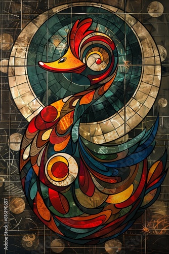 A colorful bird with a yellow beak is depicted in a stained glass window