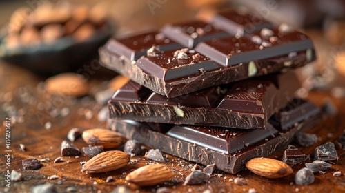 On a wooden background, chocolate pieces with almonds are displayed © DZMITRY