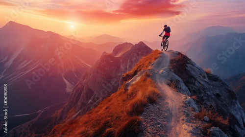 A biker cresting a rugged mountain peak at sunrise, the sky ablaze with color and the path ahead winding down into the valley below. Dynamic and dramatic composition, with copy spa