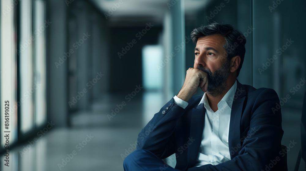 Pensive businessman sitting in empty office : Generative AI Pensive businessman sitting in empty office : Generative AI