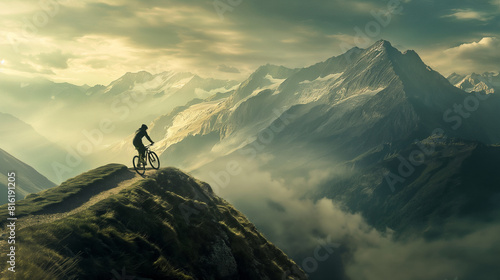 A biker taking a sharp turn on a narrow mountain trail, the bike leaning precariously with the dramatic backdrop of distant peaks. Dynamic and dramatic composition, with copy space