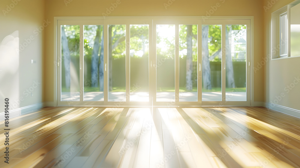 an empty living room with wood flooring and large sliding glass doors leading to the patio area in the house : Generative AI an empty living room with wood flooring and large sliding glass doors leading to the patio area in the house : Generative AI