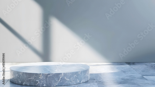 Blue Studio Bakcground Empty Room Minimal Kitchen Table Podium Bar Mockup Light Scene Smooth Abstract Counter 3d Cosmetic Marble Wall Pattern Texture Design Summer Space Scene Loft Cem : Generative AI