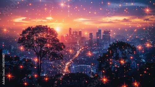 Night view of modern city with wireless network connection and cityscape concept. Concept of wireless network and connection technology with a cityscape background.