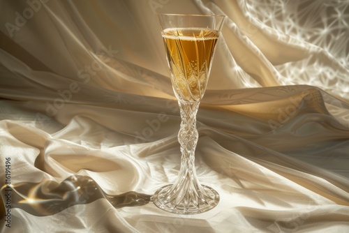 Crystal champagne glass with bubbly drink set against a backdrop of rich, shimmering silk