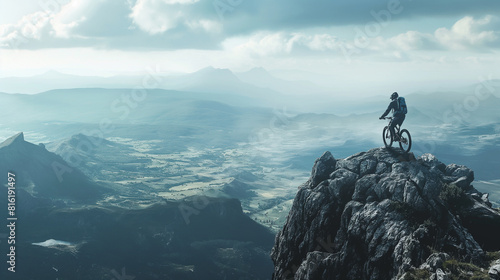 A biker pausing to admire a panoramic view from a mountain summit, the vast landscape spread out beneath them. Dynamic and dramatic composition, with copy space