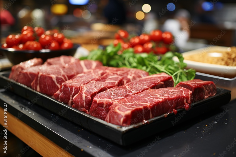 Beef sirloin slices on display in a restaurant, shallow depth of field Beef sirloin slices on display in a restaurant, shallow depth of field