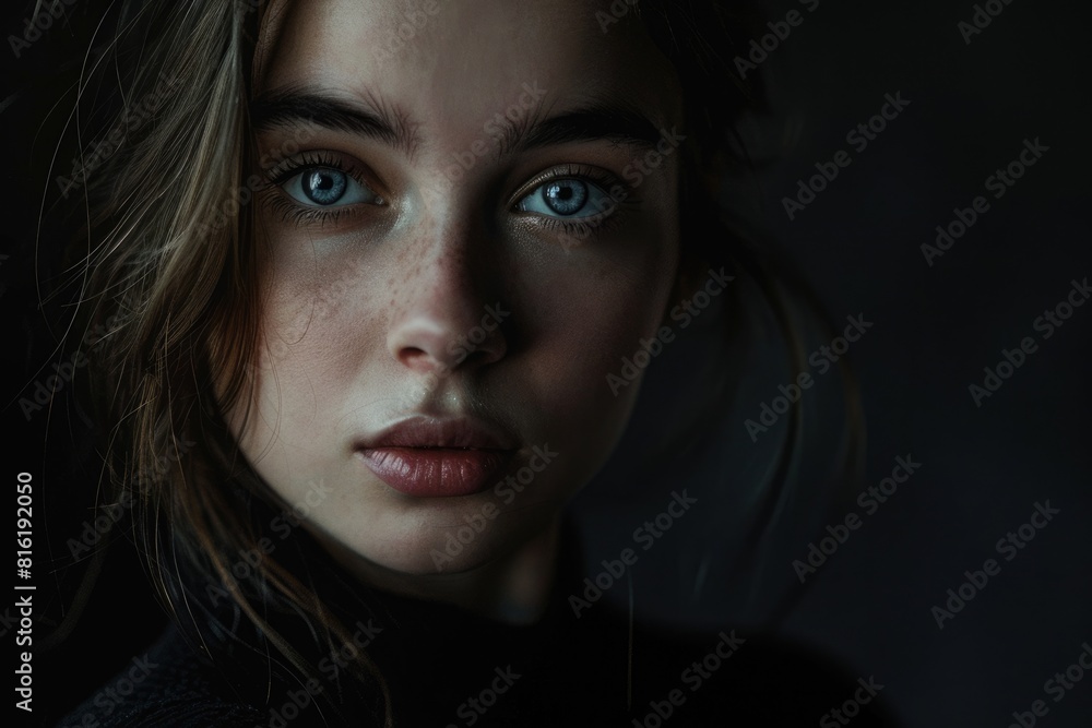 Woman On Black Background. Portrait of Young Caucasian Woman in Fashionable Style Woman On Black Background. Portrait of Young Caucasian Woman in Fashionable Style
