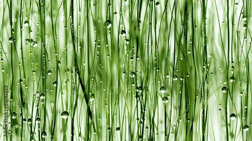   A close-up of a dewy grass field  with lush blades dotted with glistening droplets