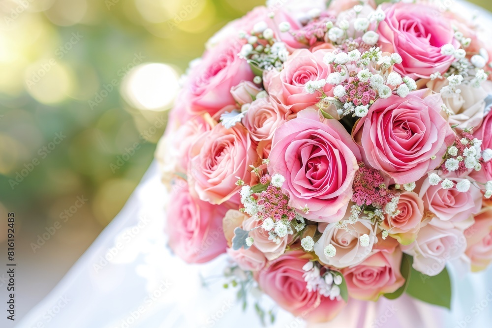 Flowers Wedding. Beautiful Pink Rose Bouquet on Floral Background Flowers Wedding. Beautiful Pink Rose Bouquet on Floral Background
