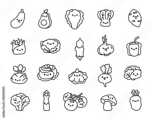 Cute cartoon vegetables. Coloring Page. Kawaii character. Hand drawn style. Vector drawing. Collection of design elements.