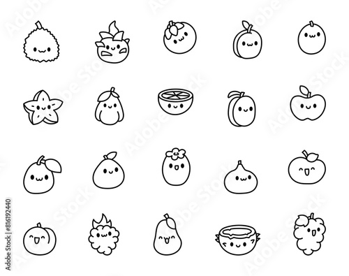 Cute cartoon fruits. Coloring Page. Kawaii character. Hand drawn style. Vector drawing. Collection of design elements.