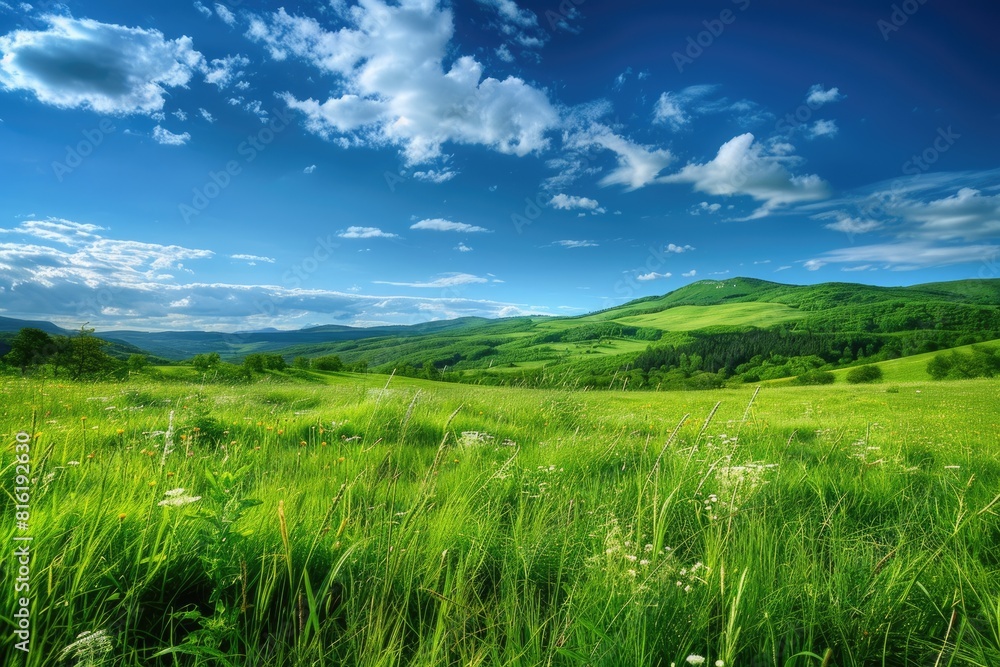 Mountain Grass. Scenic Landscape with Green Meadow under Blue Skies Mountain Grass. Scenic Landscape with Green Meadow under Blue Skies