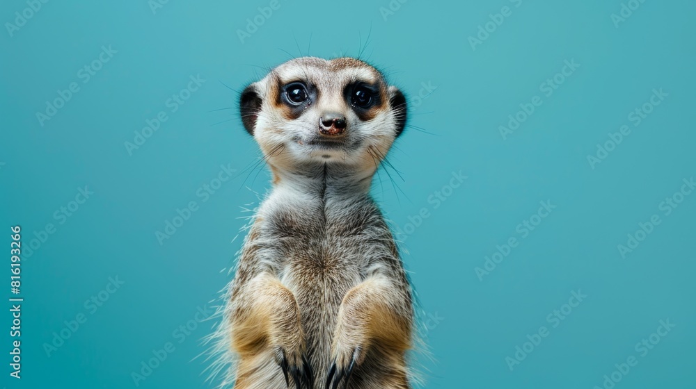 Fototapeta premium Vigilant Meerkat Standing Erect on Watch, with Deep, Soulful Eyes Against a Cool Blue Background. Funny animal for banner, flyer, poster, card with copy space