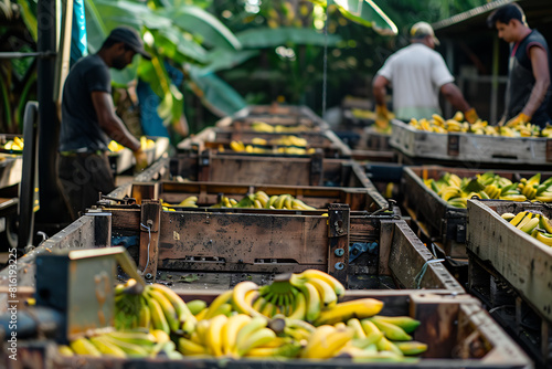 Freshly harvested bananas are carefully packed into wooden crates on the sorting line, showcasing agricultural process