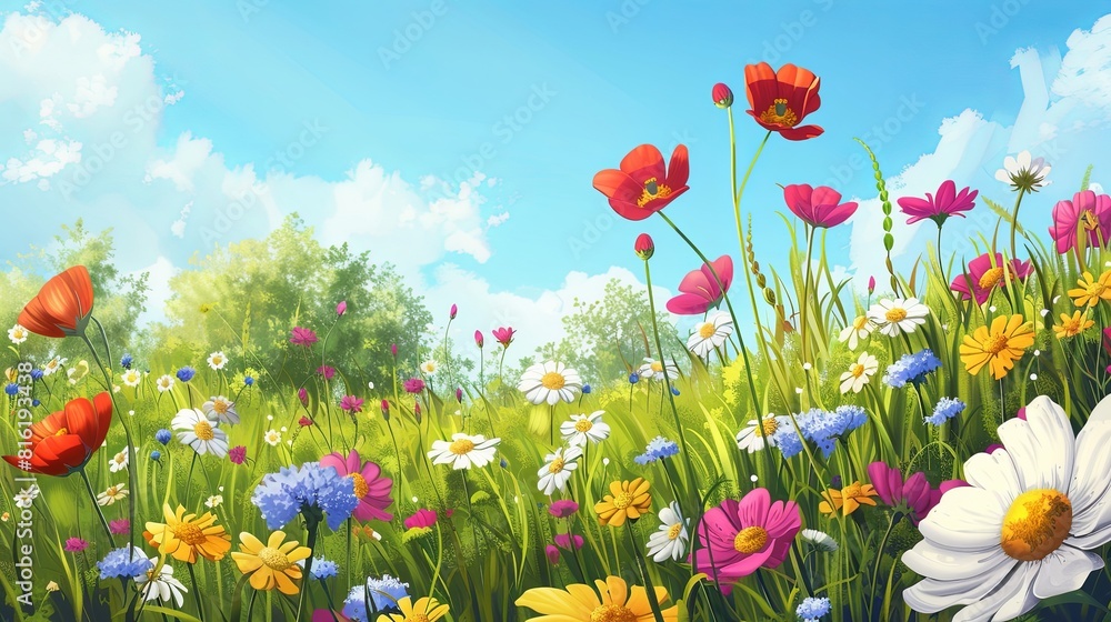 A vibrant meadow showcasing colorful flowers and fluttering butterflies in action. Generative AI A vibrant meadow showcasing colorful flowers and fluttering butterflies in action. Generative AI