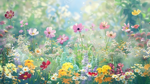 A painting of a flower field bursting with colorful blooms, capturing the beauty and vibrancy of nature. Generative AI