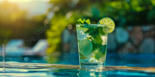 Close-up of mojito cocktail with lime and mint by the poolside with bokeh background. Summer vacation and relax concept. Design for poster, advertisement, banner with copy space.