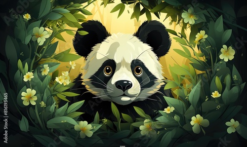 Panda flat design top view bamboo forest theme animation Triadic Color Scheme