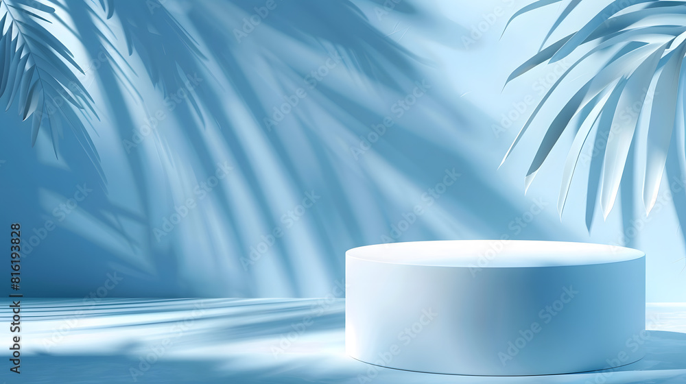 Abstract blue background with shadow of palm leaves for the presentation of a cosmetic product A scene with a geometric backdrop Podium for product promotion beauty natural eco cosmeti : Generative AI Abstract blue background with shadow of palm leaves for the presentation of a cosmetic product A scene with a geometric backdrop Podium for product promotion beauty natural eco cosmeti : Generative AI