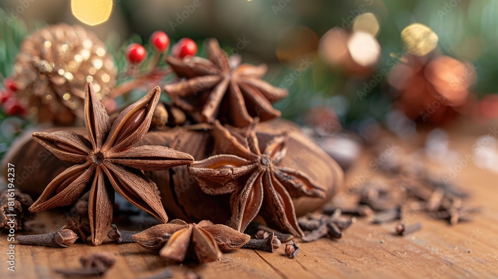 Close up of star anise and wooden Christmas decoration on a vibrant wooden surface Close up of star anise and wooden Christmas decoration on a vibrant wooden surface