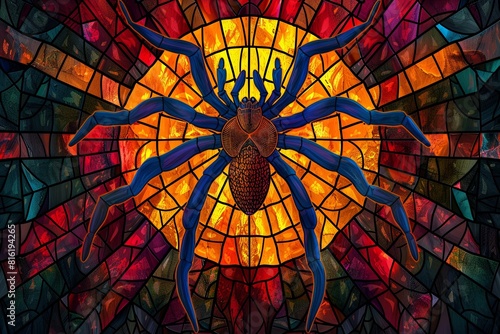 A spider is depicted in a stained glass window with a red background