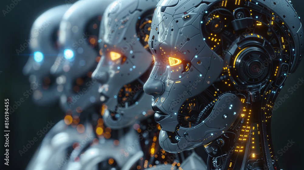 Fototapeta premium Detailed Close-Up of Futuristic Robot Faces with Illuminated Eyes, Highlighting Advanced Robotics and Artificial Intelligence