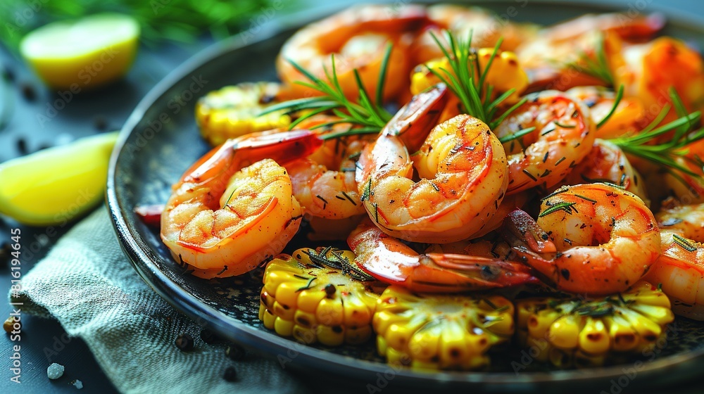 Grilled Shrimp & Corn on the Cob, Lemon Wedge Grilled Shrimp & Corn on the Cob, Lemon Wedge
