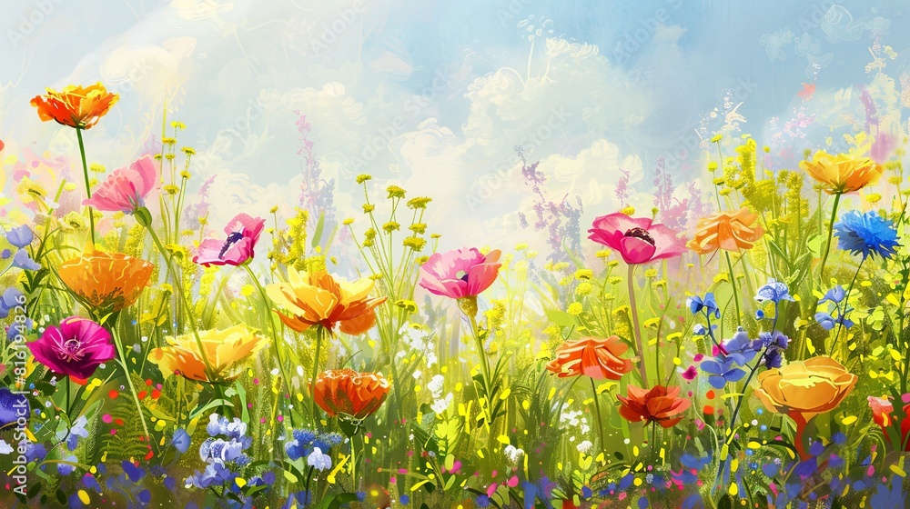Obraz premium Colorful flowers in full bloom cover a meadow in this vibrant painting. Generative AI