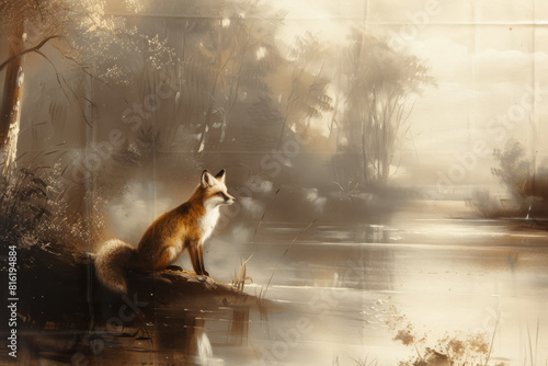 Vintage Fox at Lake  Muted Oil Painting