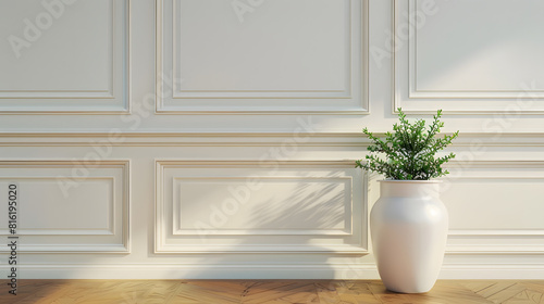 White classic wall background brown parquet floor home furniture detail frame and vase of plant : Generative AI
