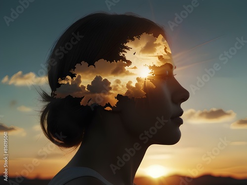 Psychology and woman mental health concept. Multiple exposure clouds and sun on female head silhouette.