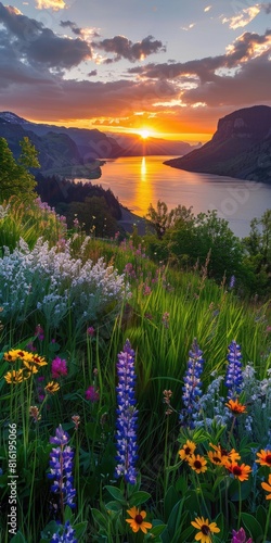 Sunrise And Flowers. Colorful Wildflowers at Columbia River Gorge, Washington Landscape