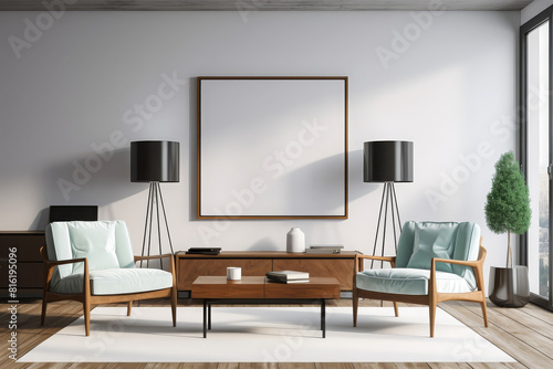 Stylish home living room interior with chairs and drawer  mockup frame 