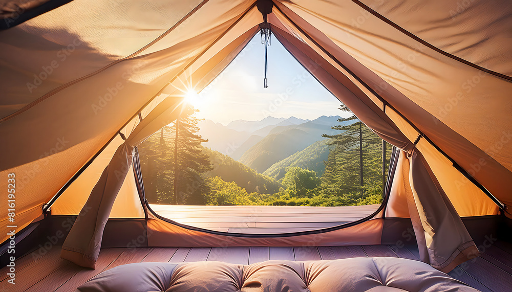 Cozy interior of a tent during sunrise; with the flaps open, showing a view of rolling mountains covered in green forests.