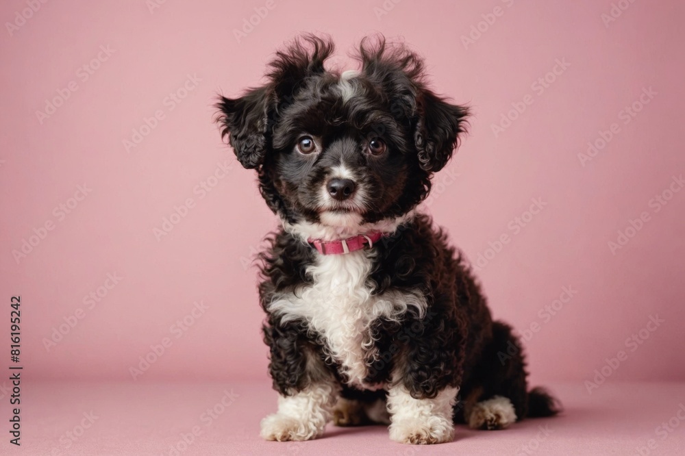 Fluffy small dog looking up on pink background. Portrait of cute small black and white dog with curly hair and brown eyes. Female miniature harlequin poodle. Selective focus. Copy space. Fluffy small dog looking up on pink background. Portrait of cute small black and white dog with curly hair and brown eyes. Female miniature harlequin poodle. Selective focus. Copy space.