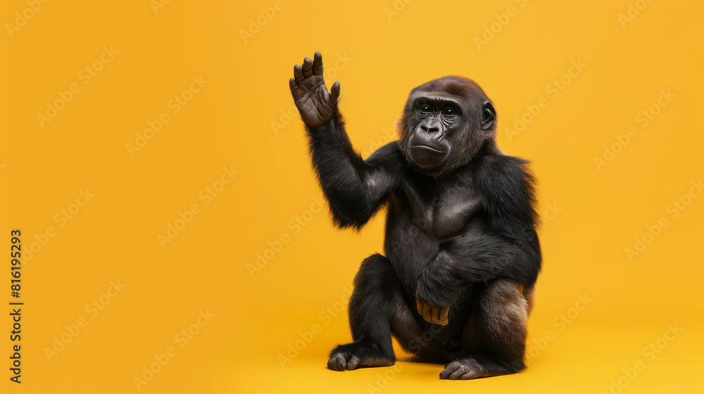 Thoughtful Gorilla Seated and Raising a Hand, Looking Pensive on a Solid Yellow Background. Funny animal for banner, flyer, poster, card with copy space Thoughtful Gorilla Seated and Raising a Hand, Looking Pensive on a Solid Yellow Background. Funny animal for banner, flyer, poster, card with copy space