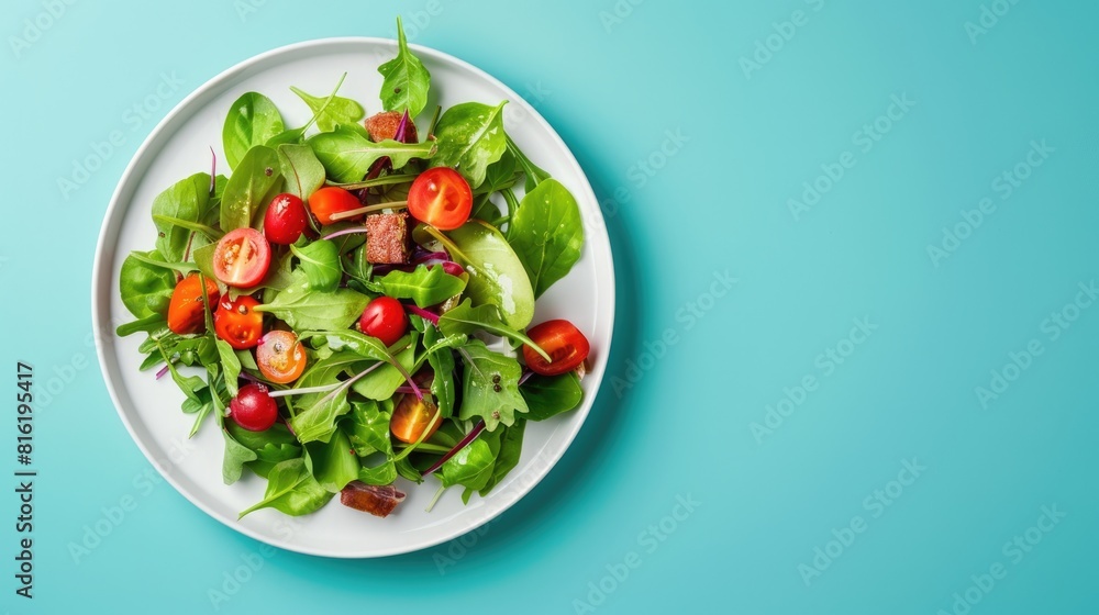 Food Blue. Tasty Salad Plate on Blue Background. Fresh and Balanced Nutrition Food Blue. Tasty Salad Plate on Blue Background. Fresh and Balanced Nutrition
