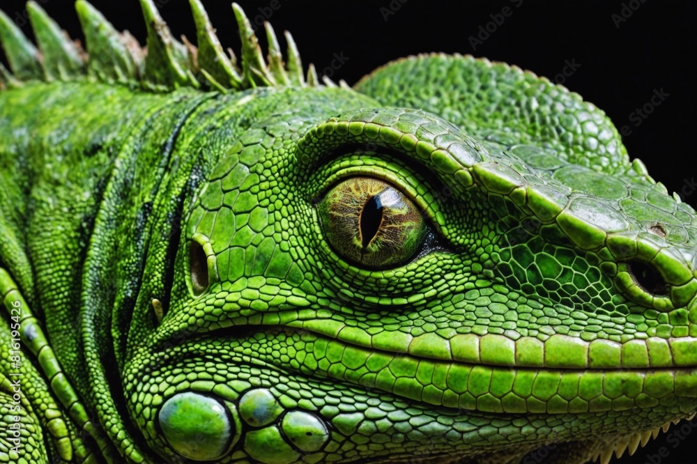 Fototapeta premium Green Iguana closeup eyes, eyes of green iguana on black background