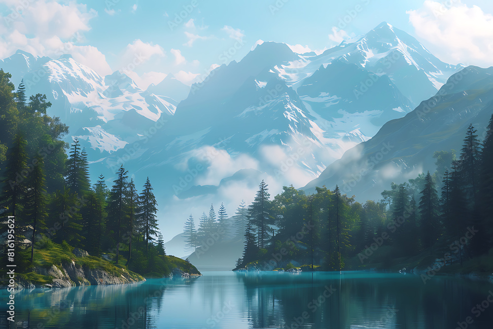 Naklejka premium Serene mountains adorned with lush green trees, a tranquil scene amidst nature's grandeur