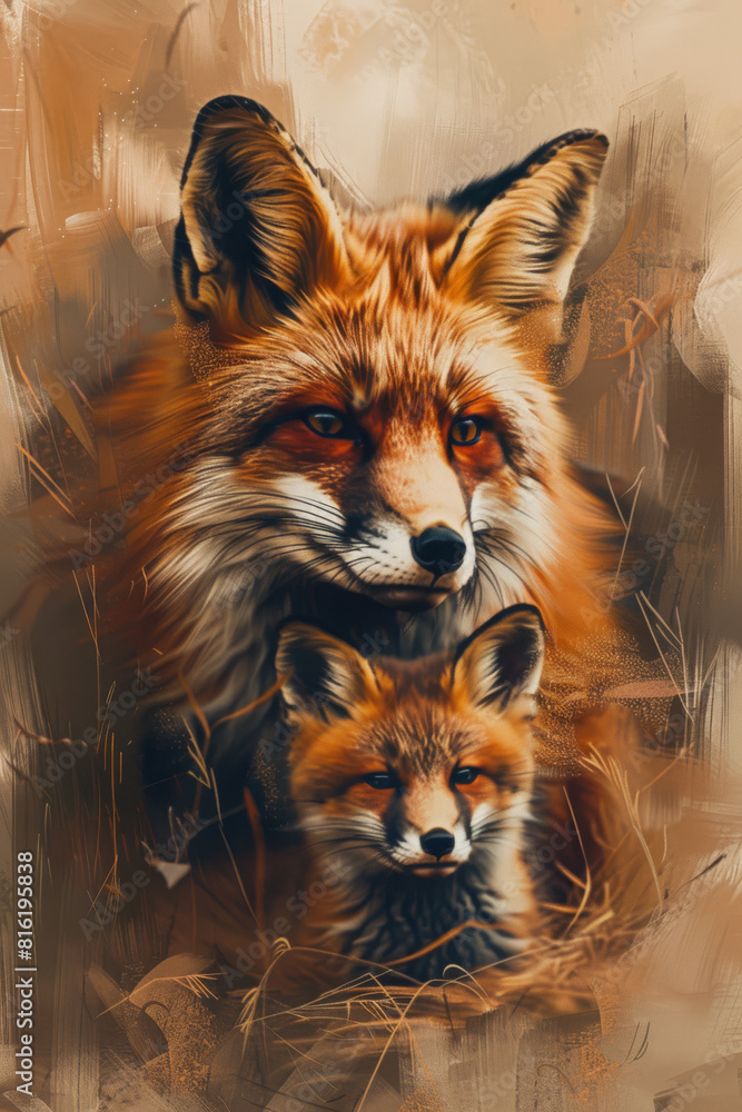 Fototapeta premium Fox with Pups: Digital Painting in Natural Colors