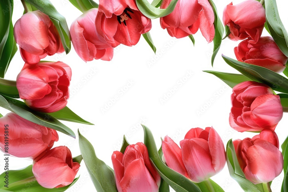 Flowers Frame. Red Tulip and Rose Floral Border with Pink Flowers on White Background Flowers Frame. Red Tulip and Rose Floral Border with Pink Flowers on White Background