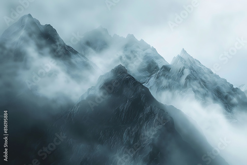 Majestic mountains shrouded in swirling fog  creating an enchanting and mysterious atmosphere
