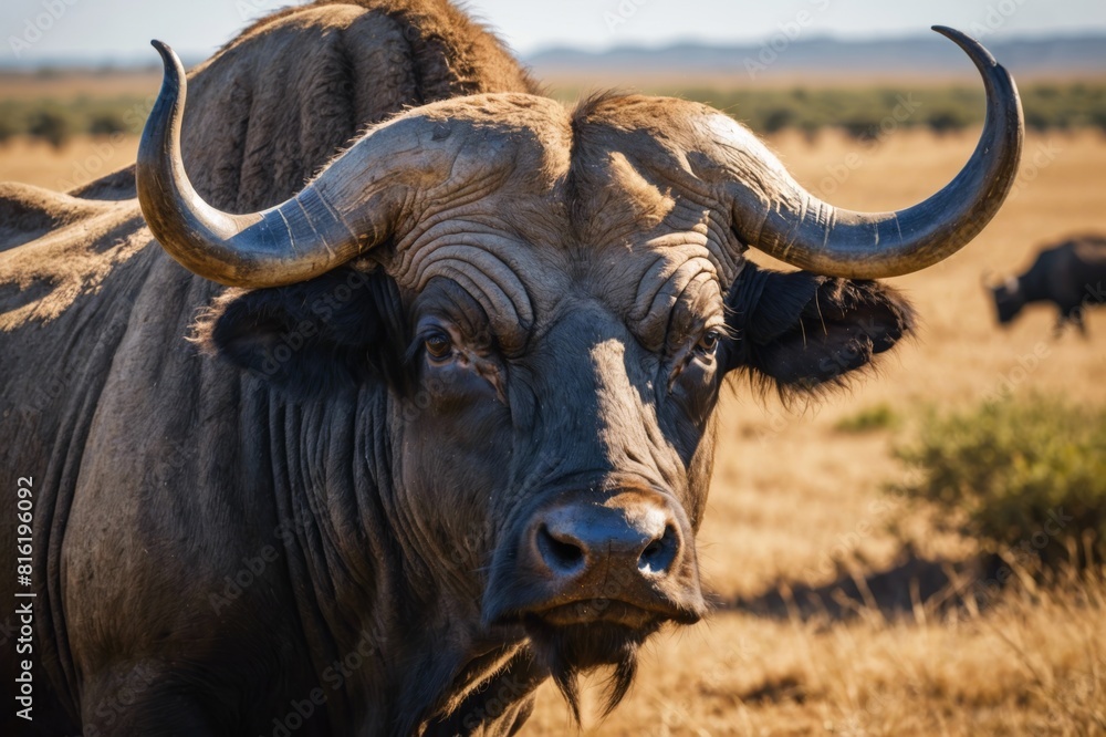 Close-up of Cape buffalo -Syncerus caffer- squinting in sunshine, Maasai Mara National Reserve- Narok, Masai Mara, Kenya Close-up of Cape buffalo -Syncerus caffer- squinting in sunshine, Maasai Mara National Reserve- Narok, Masai Mara, Kenya