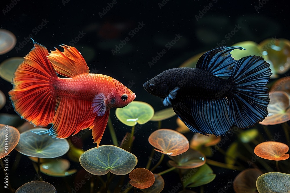 Fototapeta premium Siamese Fighting Fish (Betta splendens) in aggressive postures, capturing dynamic movement. 