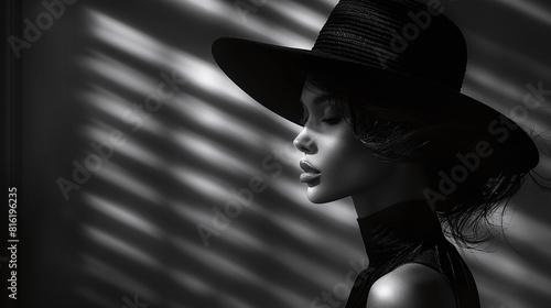 fashion photography, smooth black and white style, of young caucasian woman wearing black hat, looking sideways, aesthetic cast shadows