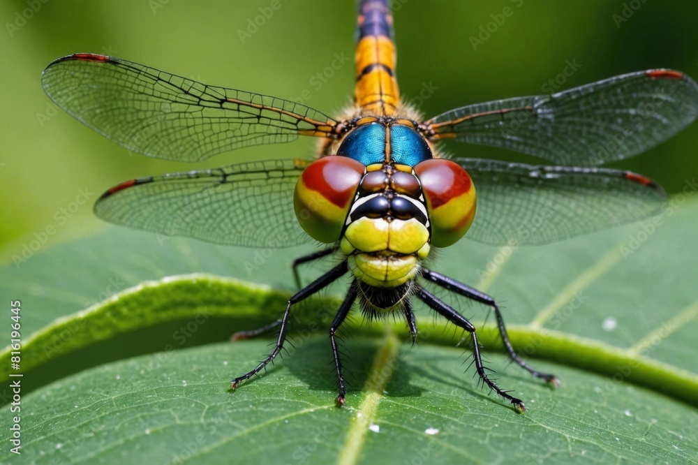macro image of a dragonfly on a leaf. Natural background and close up portrait of dragonfly with big eyes.