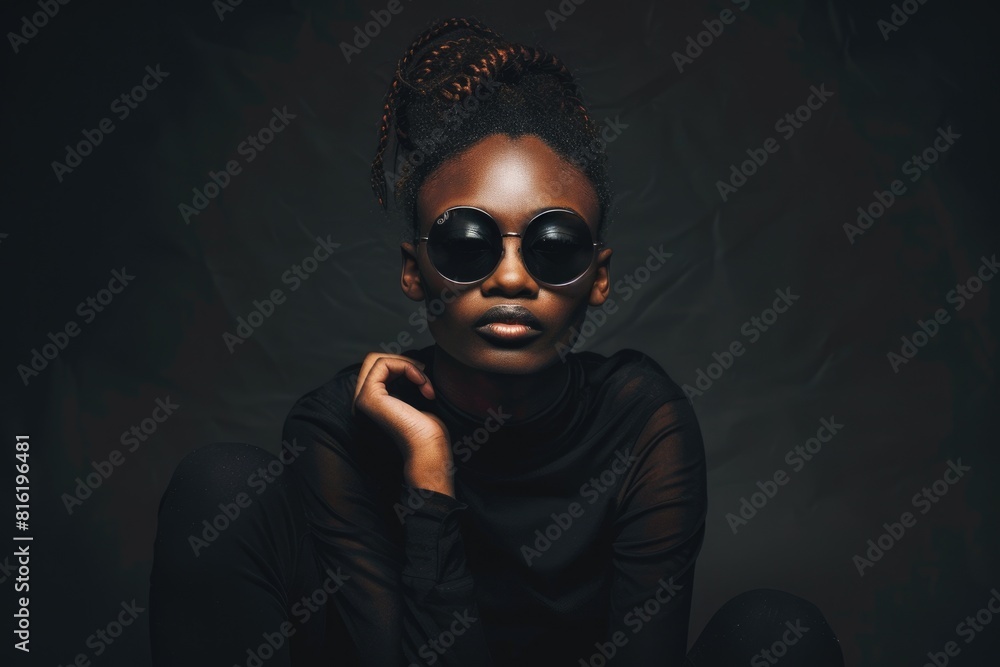 Black Background People. African Young Woman with Dark Skin and Round Sunglasses Sitting Cool Black Background People. African Young Woman with Dark Skin and Round Sunglasses Sitting Cool